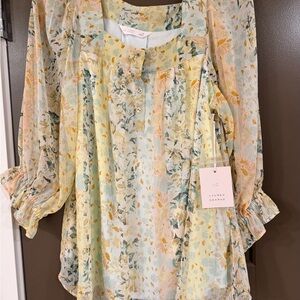 LC Lauren Conrad Floral Sheer Blouse in Pastel Yellow, Mint & Peach